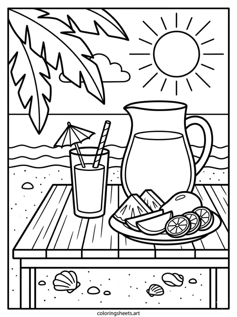 Tropical juice bar with fruits beach coloring page for kids free