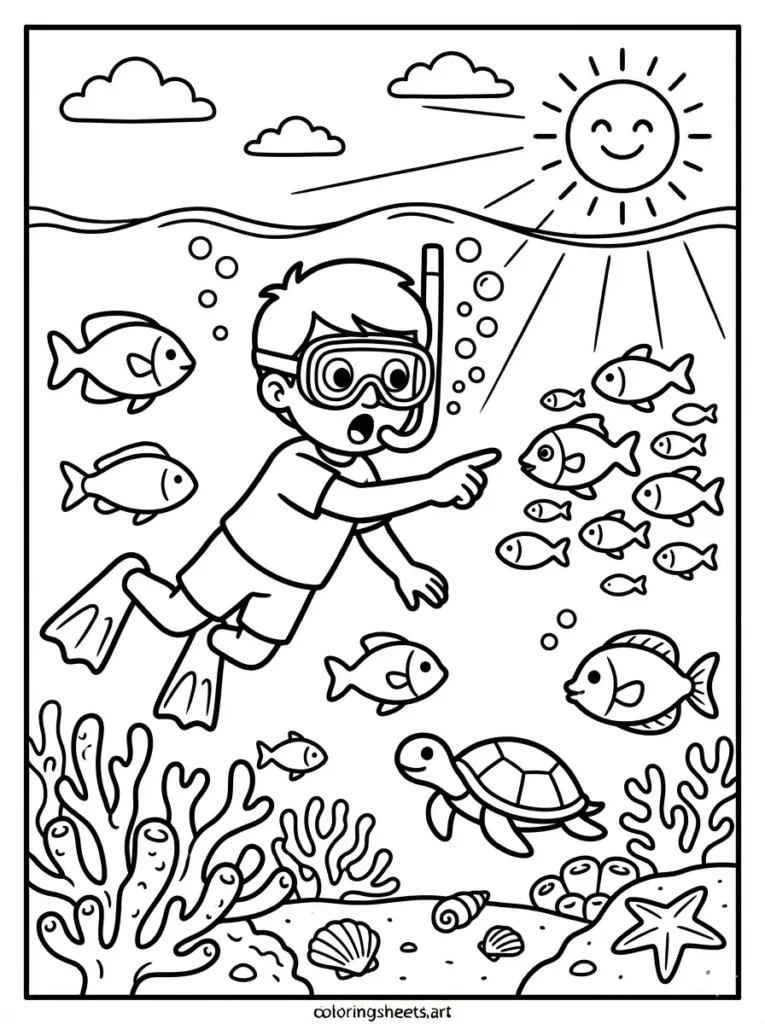 Underwater snorkeling adventure beach coloring page for kids