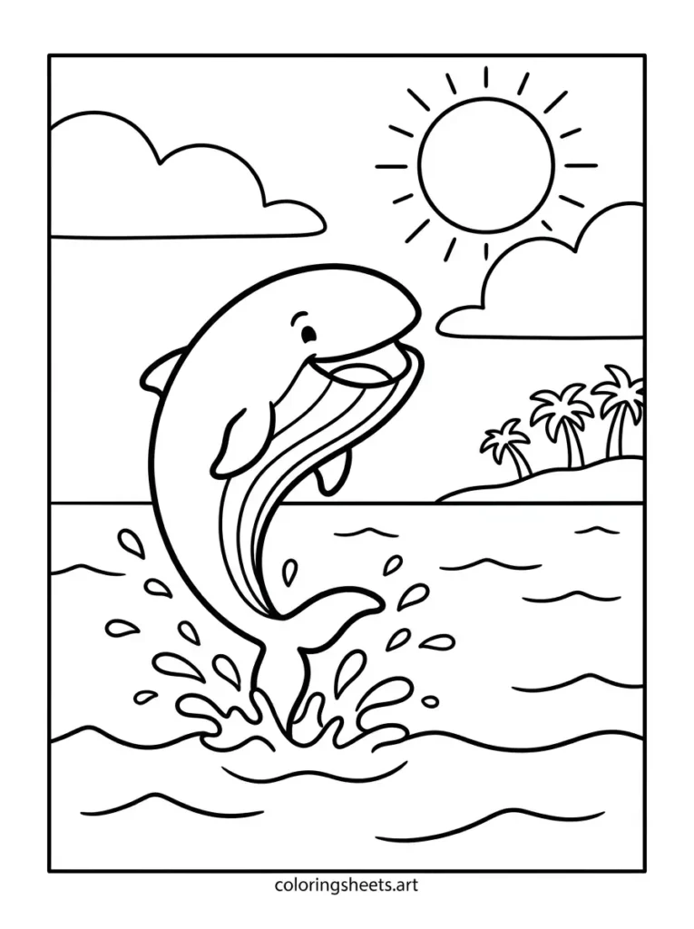 Friendly whale breaching near the shore beach coloring page for kids