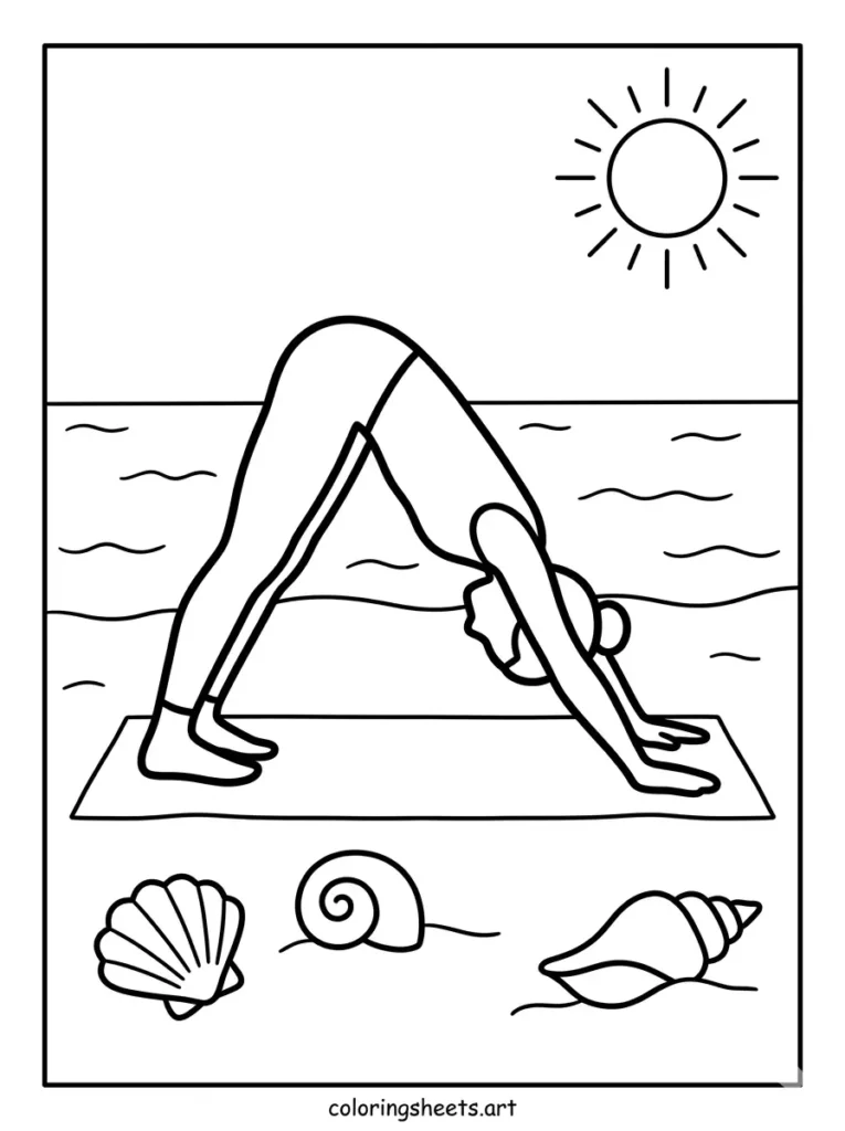 Yoga on the sand with ocean view beach coloring page for kids