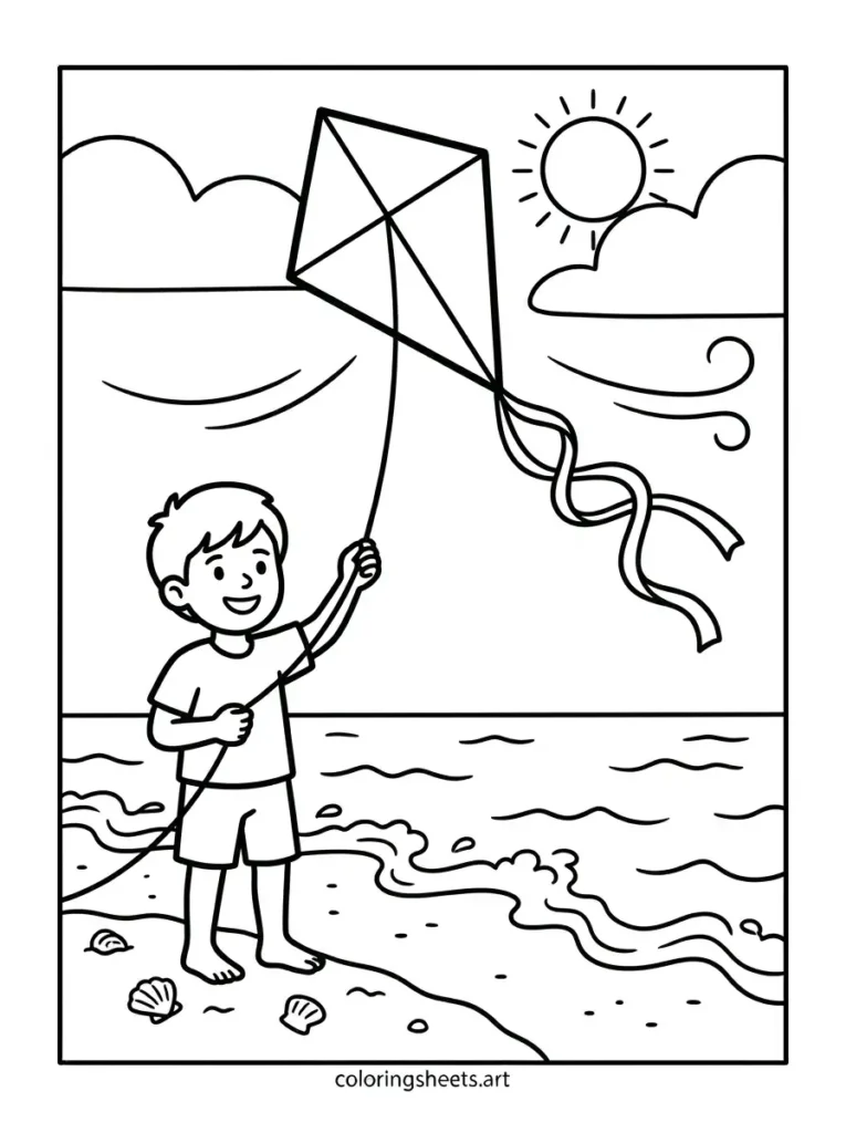 Cute kid flying a kite on breezy shore coloring sheet PDF