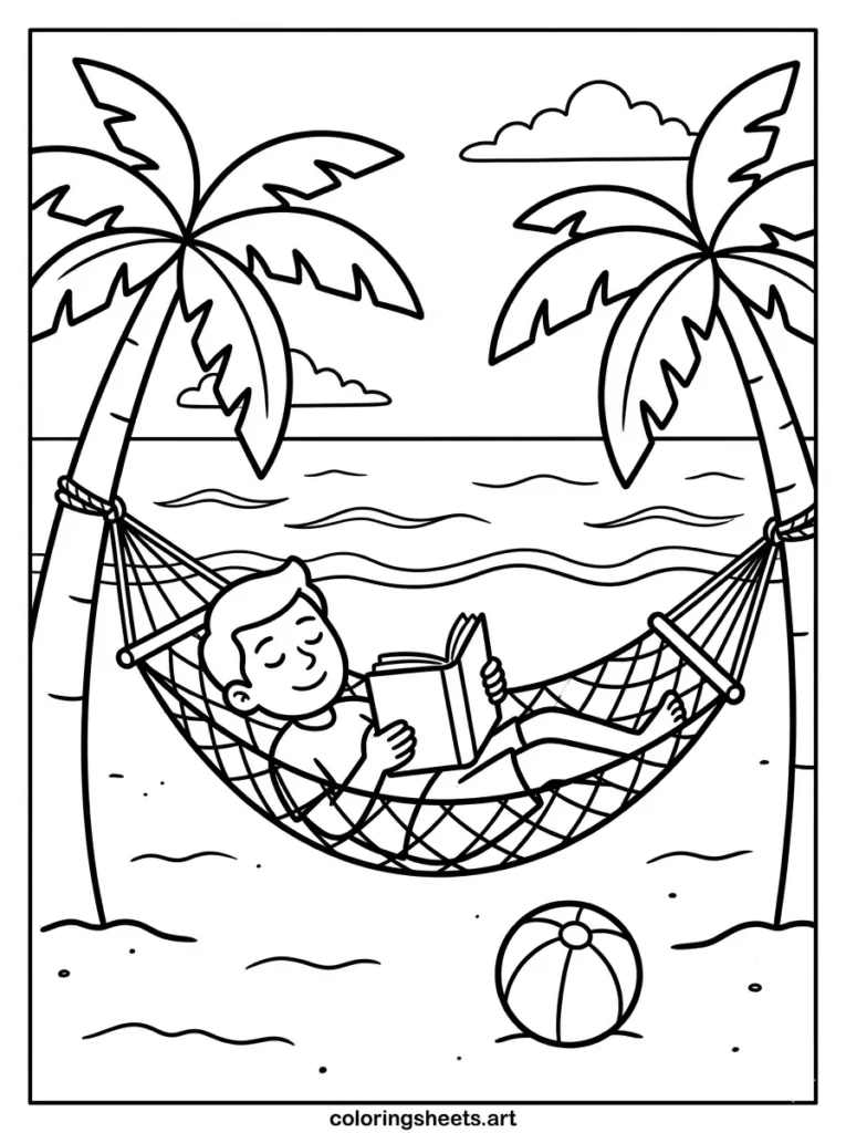 Reading a book in a beach hammock coloring sheet for kids