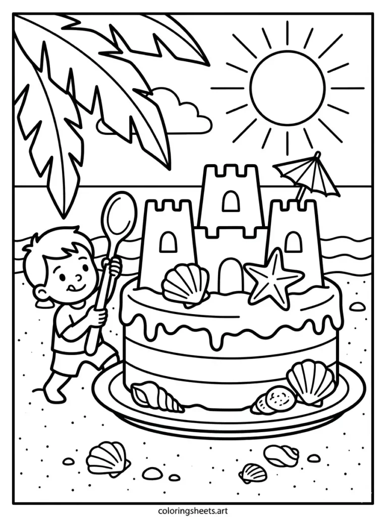 Sandcastle sand cake with decorations coloring sheet for kids