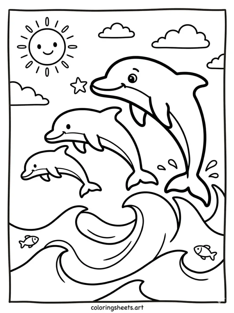 Family of dolphins jumping over waves beach coloring sheet