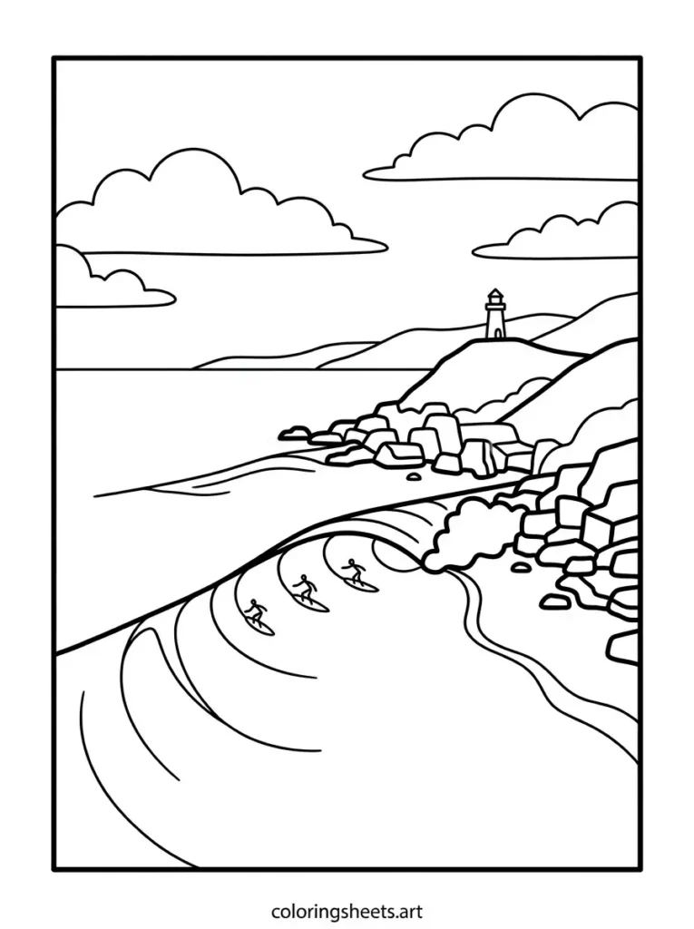 Beautiful point break wave peeling along the coast coloring page for kids printable