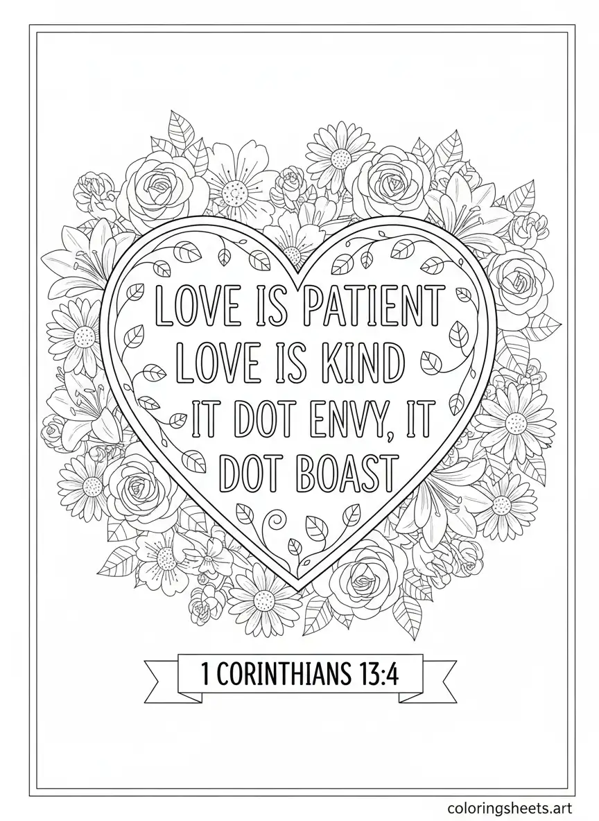 1 Corinthians 13 4 love is patient love is kind floral Bible quotes coloring page