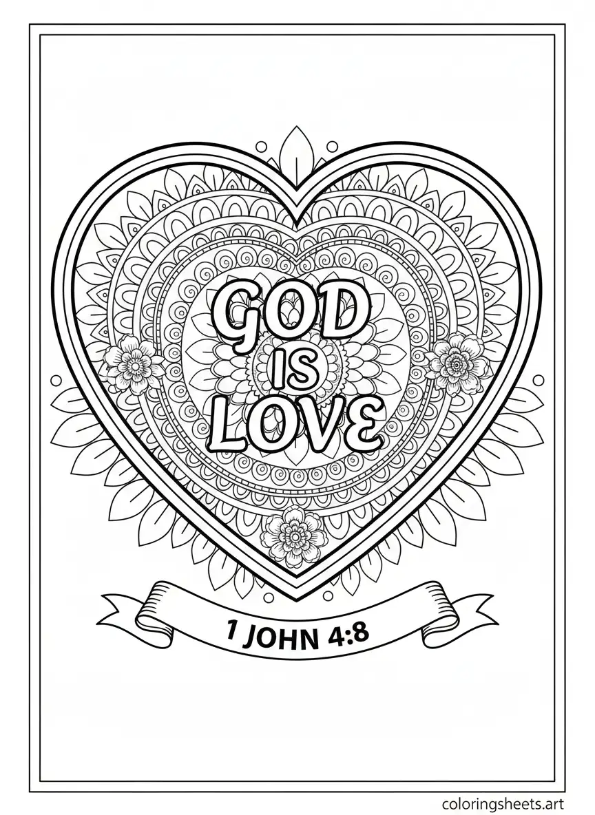 1 John 4 8 God is love mandala heart Bible quotes coloring page