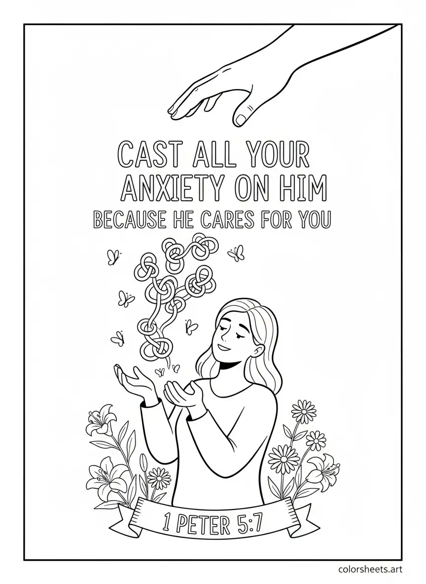 1 Peter 5:7 Cast your anxiety on Him Bible coloring page, butterflies and scripture quote activity sheet.
