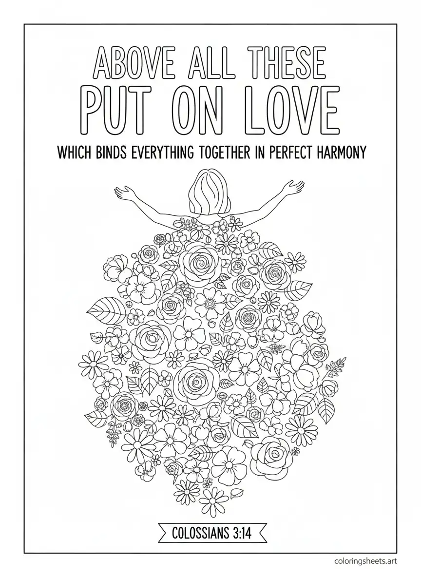 Colossians 3 14 above all put on love floral cloak Bible quotes coloring page