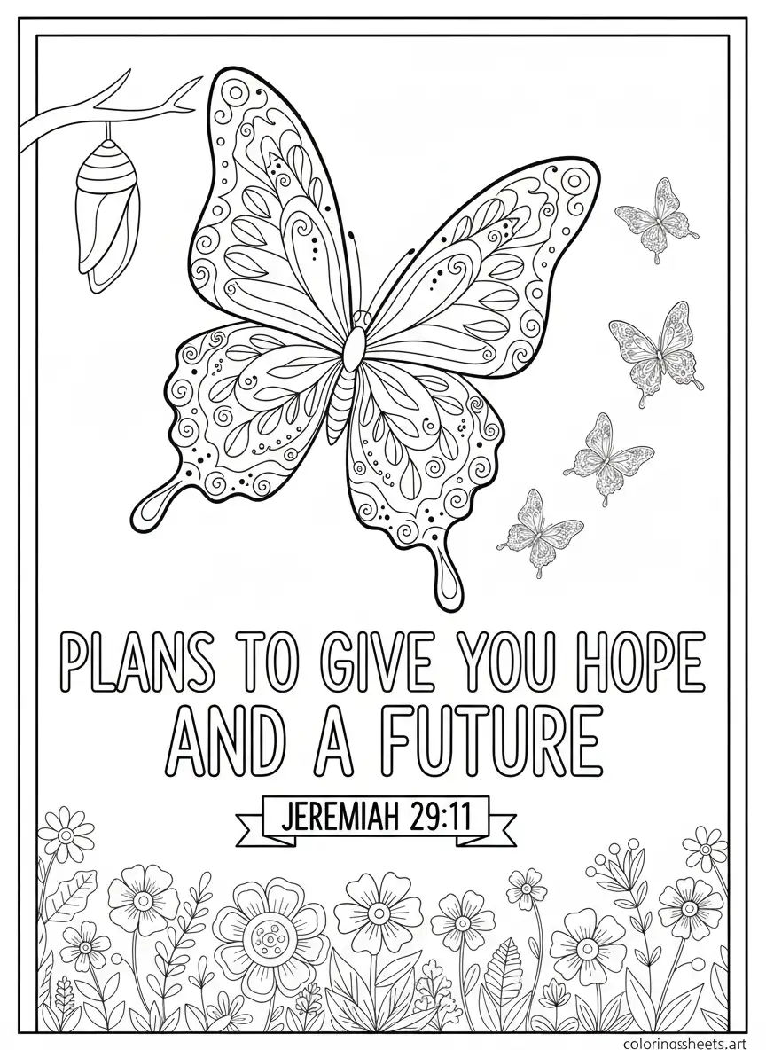 Hope and a future butterfly transformation Jeremiah 29 Bible quotes coloring page For Kids