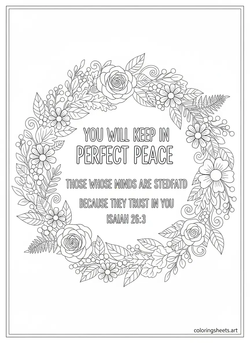 Isaiah 26:3 Perfect Peace botanical wreath Bible coloring page, floral scripture quote activity sheet.