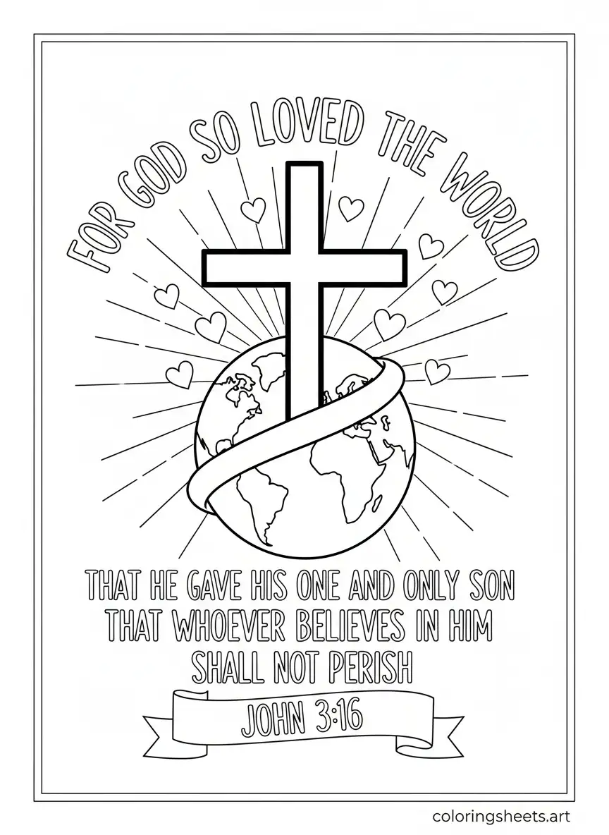 John 3 16 for God so loved the world cross Bible quotes coloring page PDF Printable free
