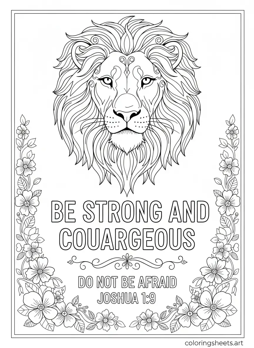 Joshua 1 9 be strong and courageous lion Bible quotes coloring page -Printable pdf