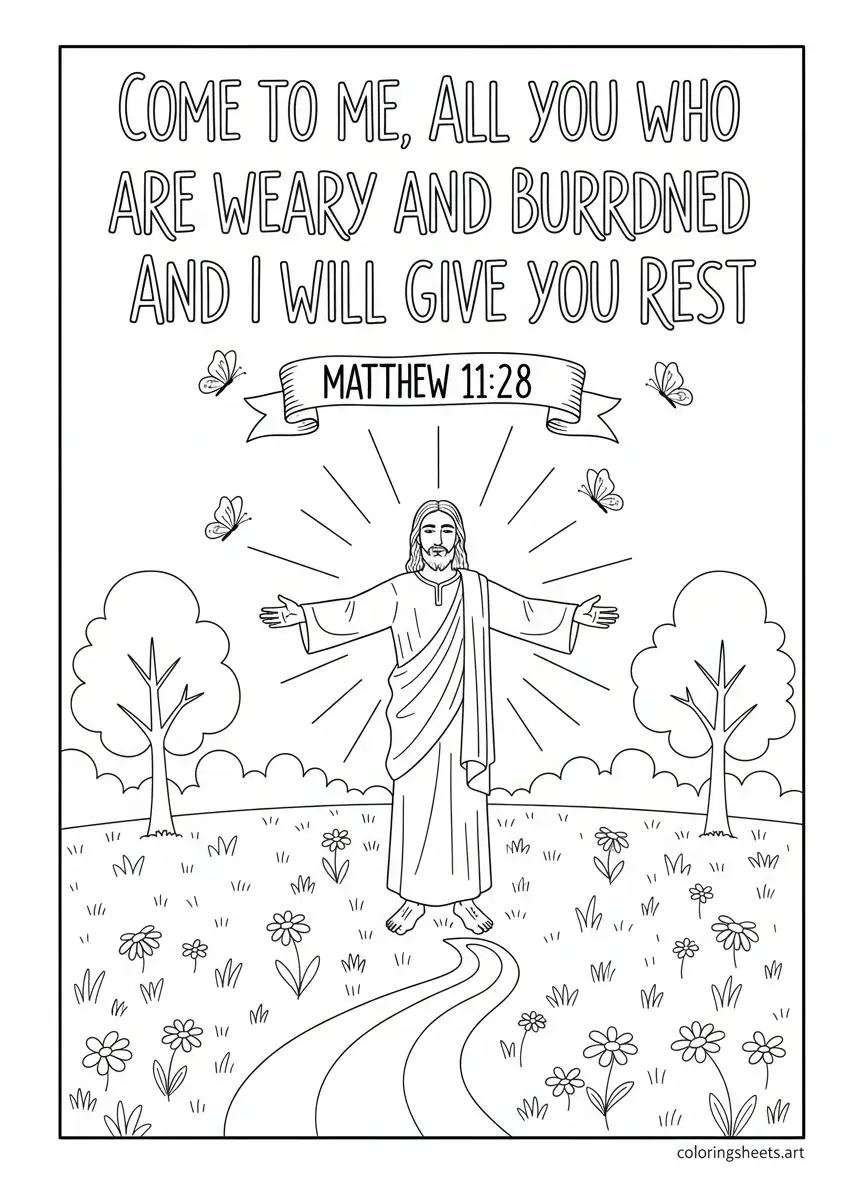 Matthew 11 28 come to me I will give you rest meadow Bible quotes coloring page