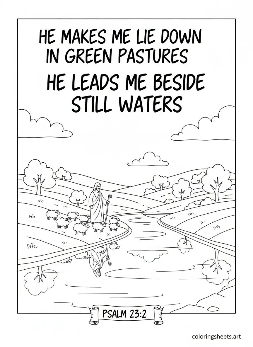 Psalm 23 2 beside still waters shepherd sheep Bible quotes coloring page