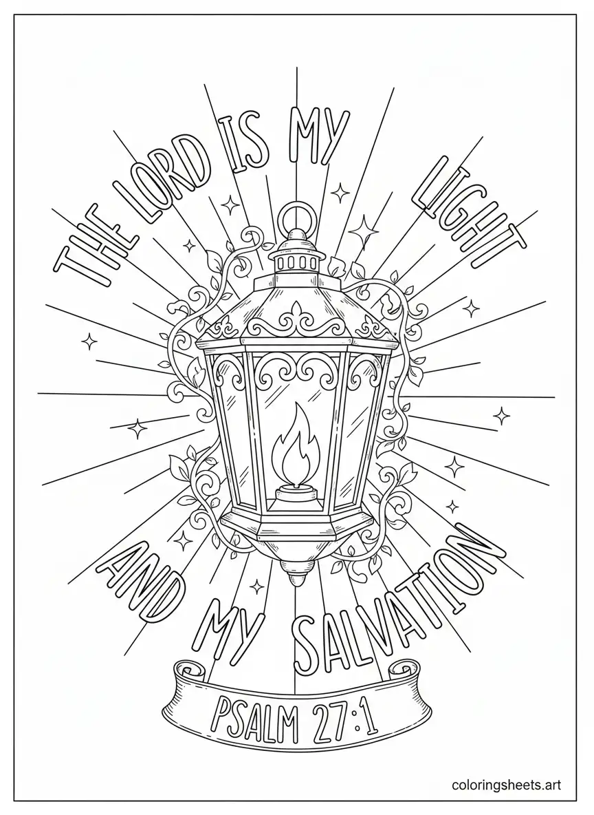 Printable Bible verse coloring page of Psalm 27:1 featuring a glowing vintage lantern with 'The Lord is my light and my salvation' text in decorative script.