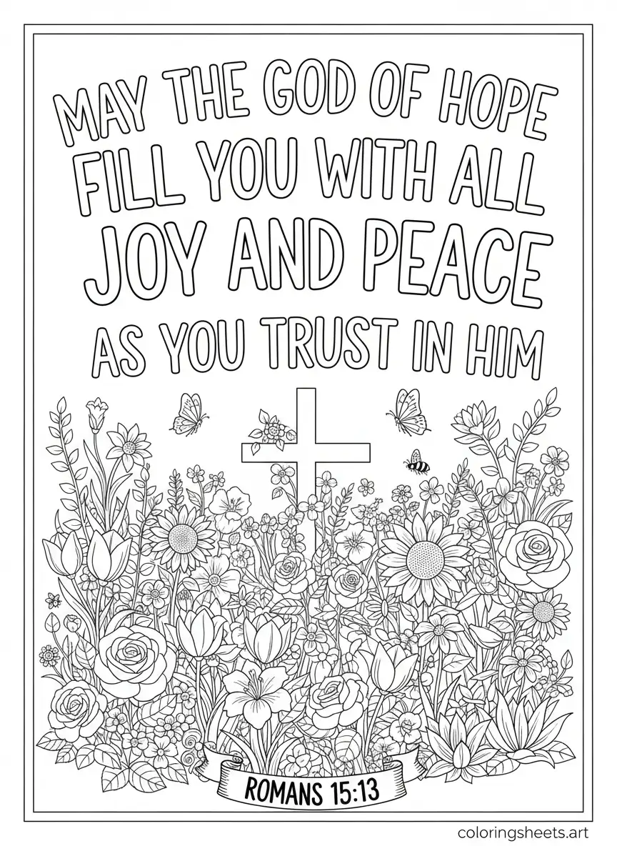 Romans 15 13 God of hope fill with joy and peace garden Bible quotes coloring page free PDF