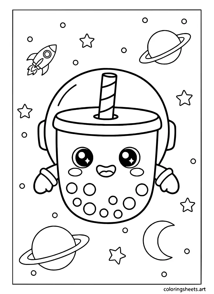Space adventure coloring page featuring a kawaii astronaut boba cup