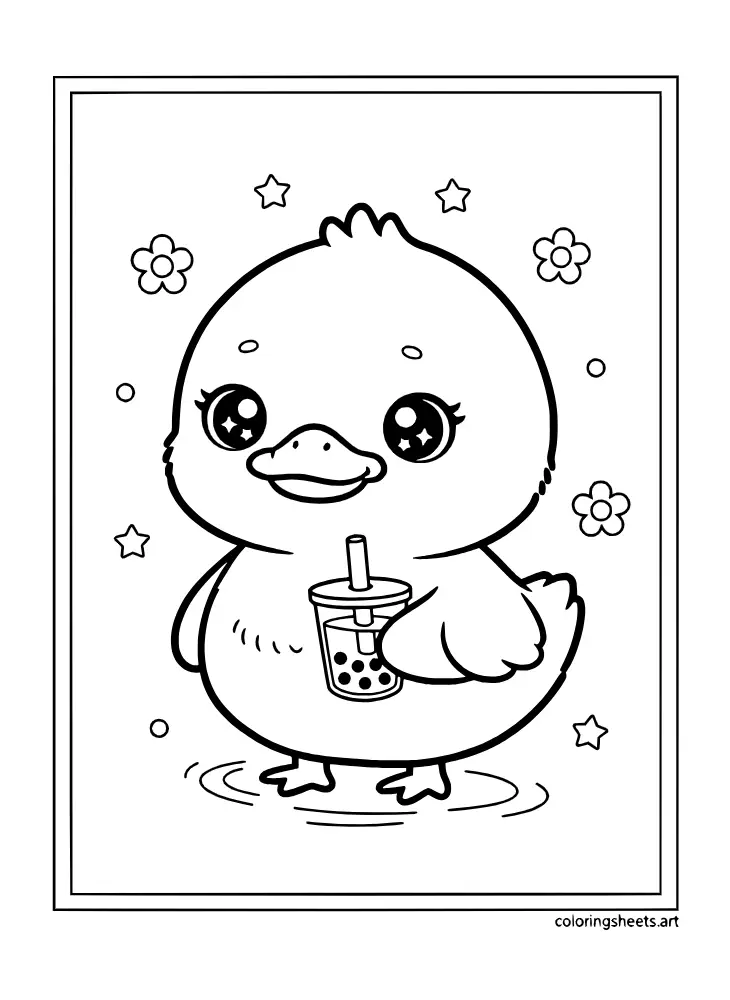 Coloring page highlighting a cute baby duckling holding a mini boba cup