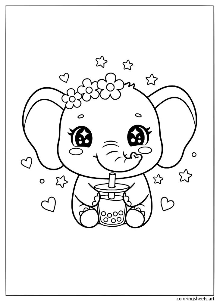 A cute baby elephant drinking boba with its trunk in this coloring page