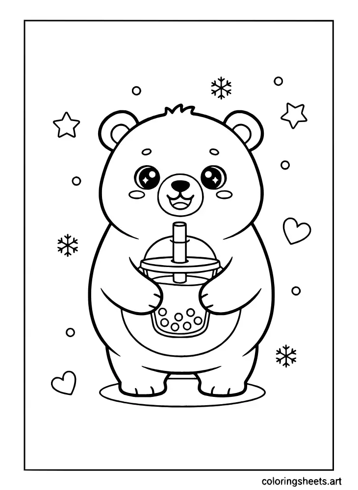 Coloring page of a cute baby polar bear holding a boba cup