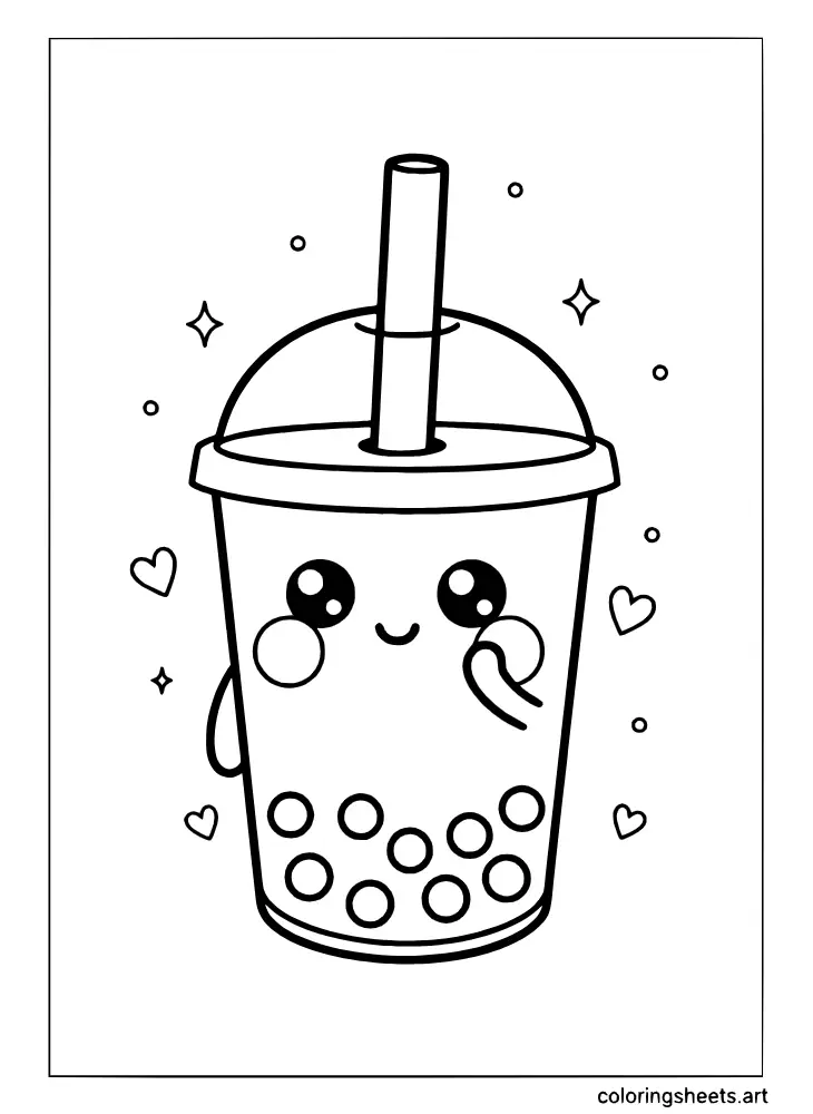 This coloring page features a blushing shy kawaii boba cup with floating hearts