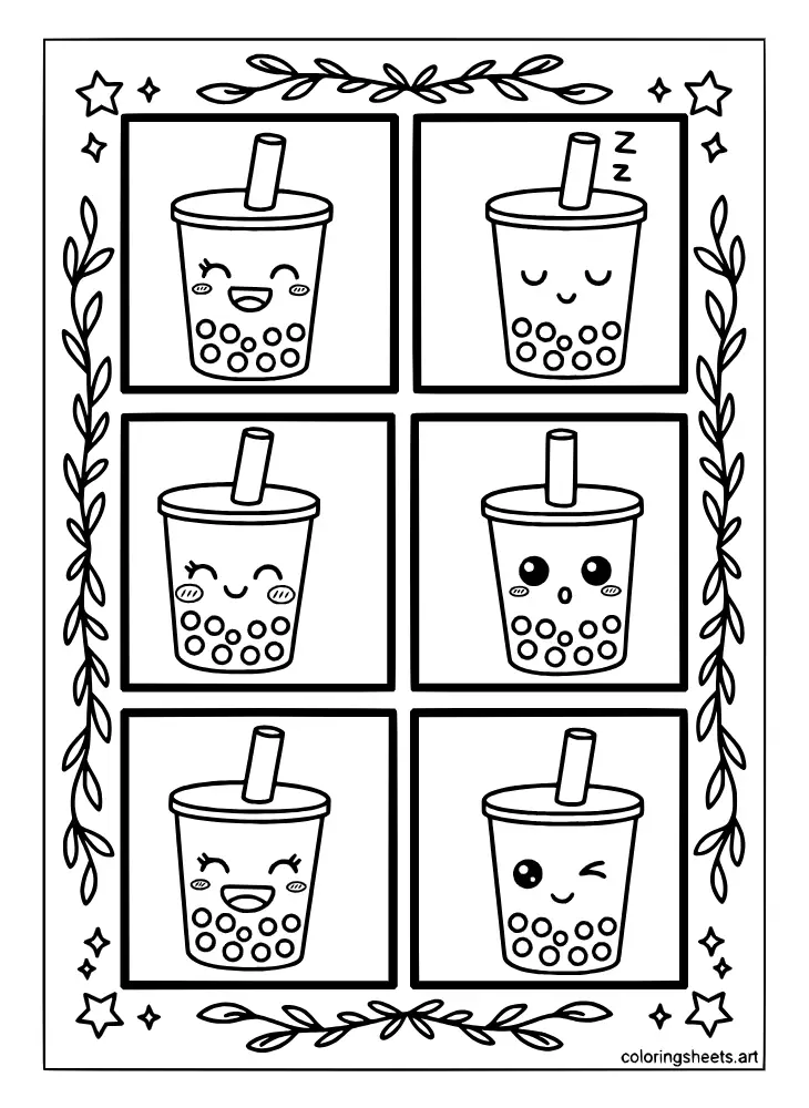 Coloring page featuring kawaii boba cups on a cafe menu board