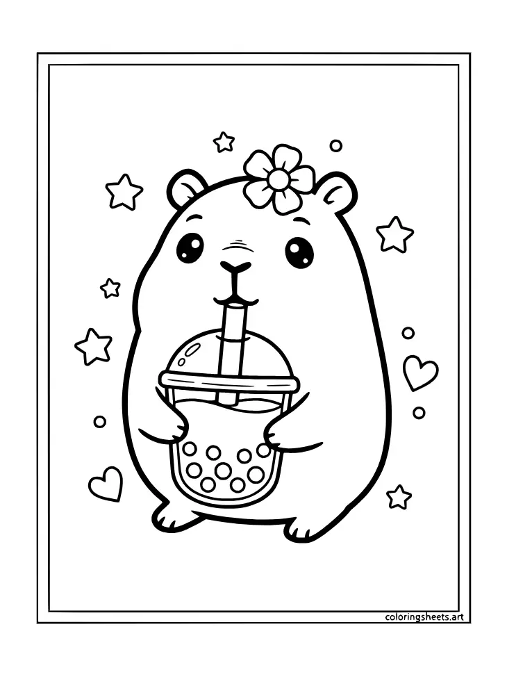 Coloring page of a cute capybara drinking a giant boba