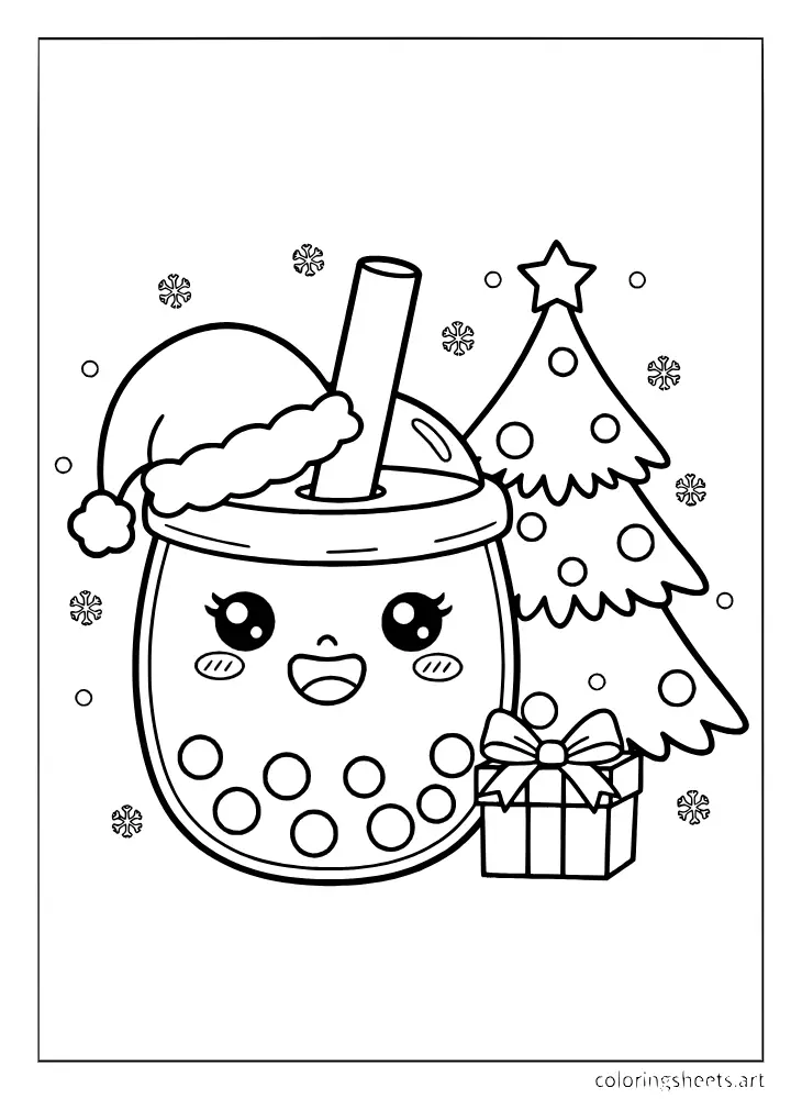 Festive Christmas celebration coloring page featuring a kawaii boba cup