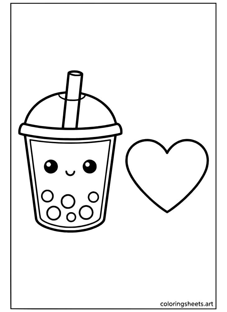 Coloring page depicting a boba cup and a big heart next to it