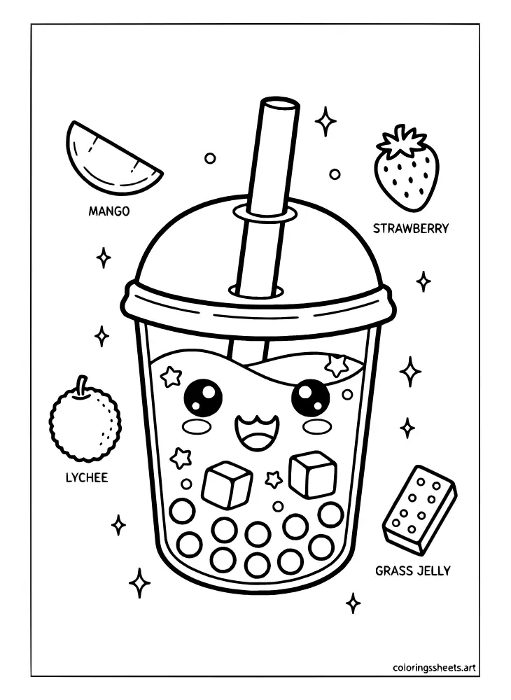Coloring page of a kawaii boba cup with scattered toppings and add-ons