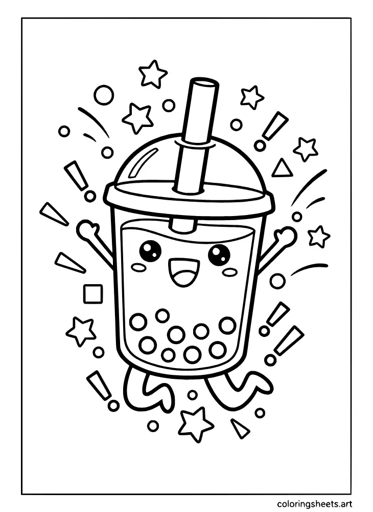Grab your crayons for this coloring page showing an excited kawaii boba cup jumping