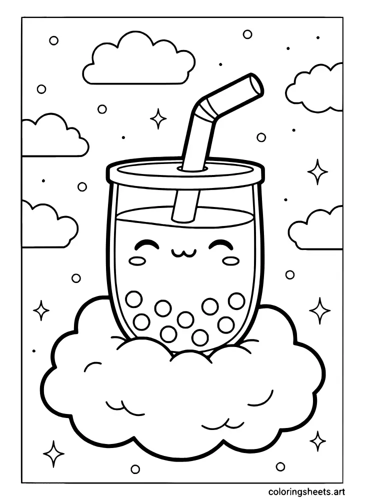 A coloring page of a kawaii boba cup floating on a fluffy cloud