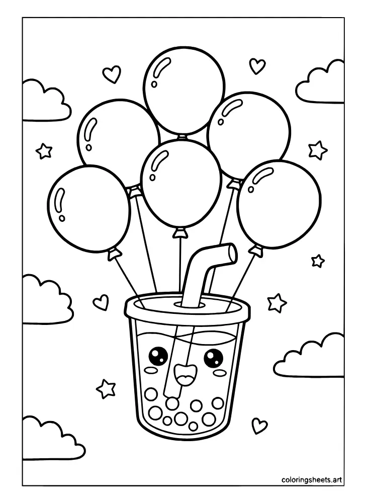 A kawaii boba cup flying with giant balloons printable coloring page