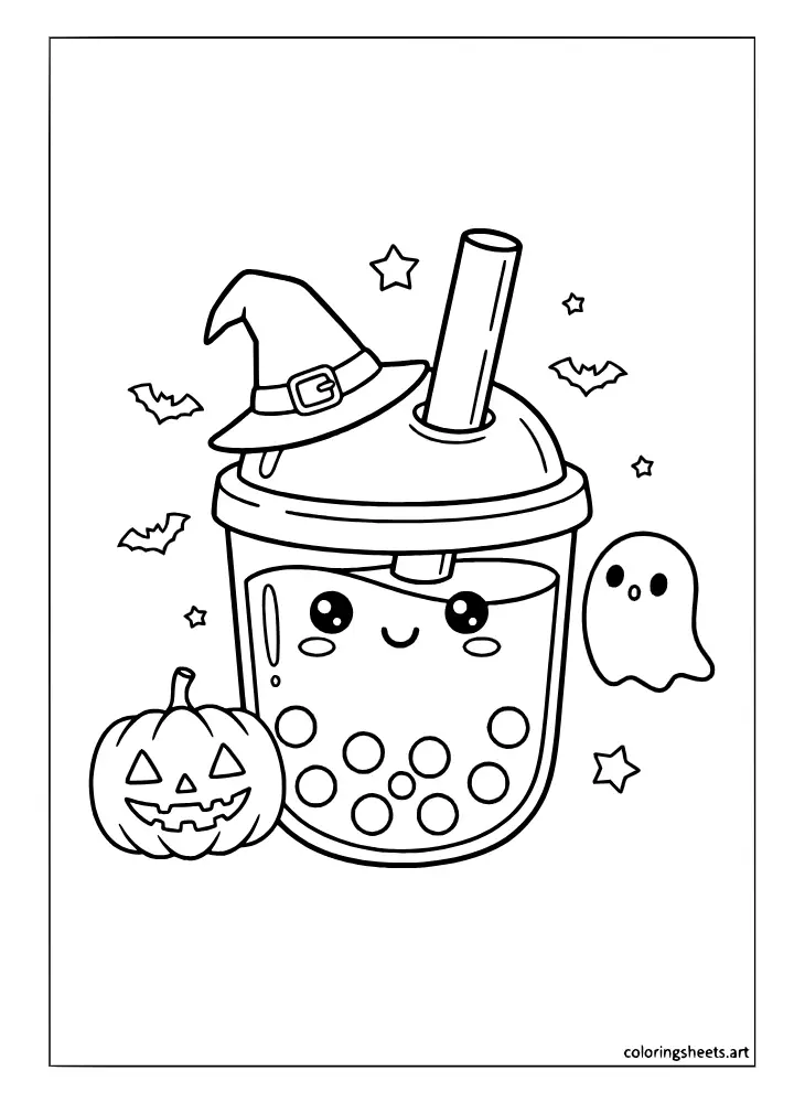 Coloring page showing a kawaii boba cup in a spooky Halloween scene