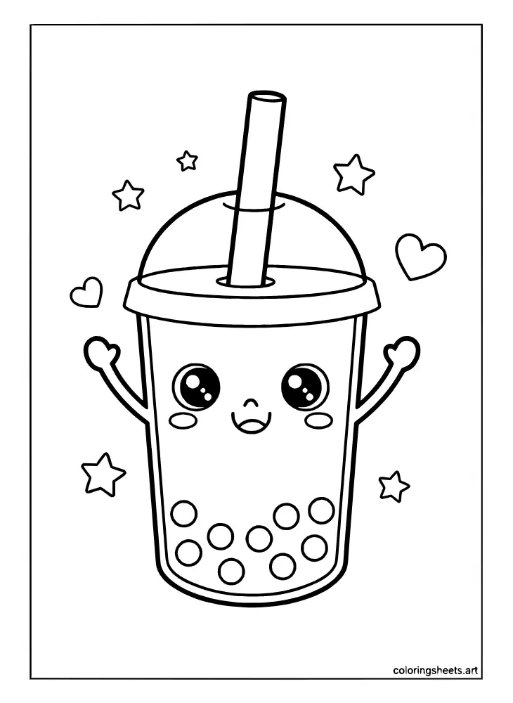 A happy smiling kawaii boba cup with tapioca pearls inside as a fun coloring page