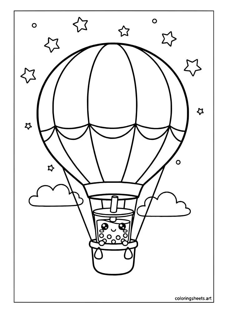 Coloring page depicting a kawaii boba cup in a hot air balloon