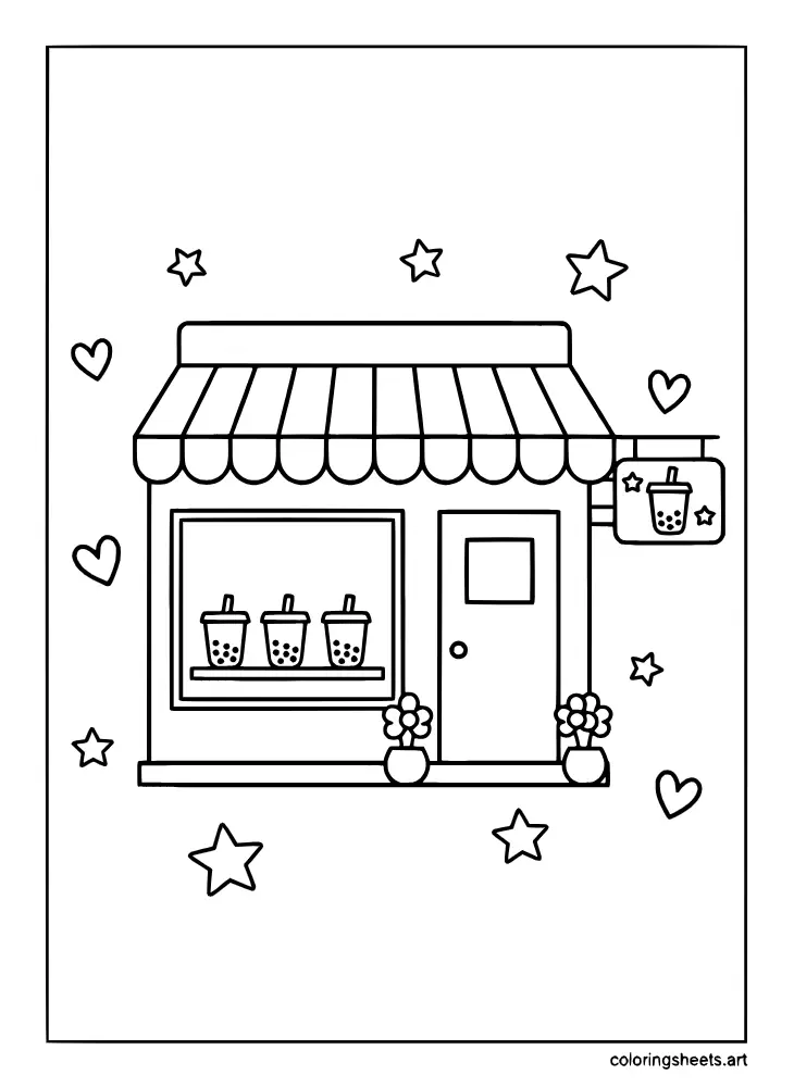 Coloring page showing a cute kawaii boba shop front with a sign