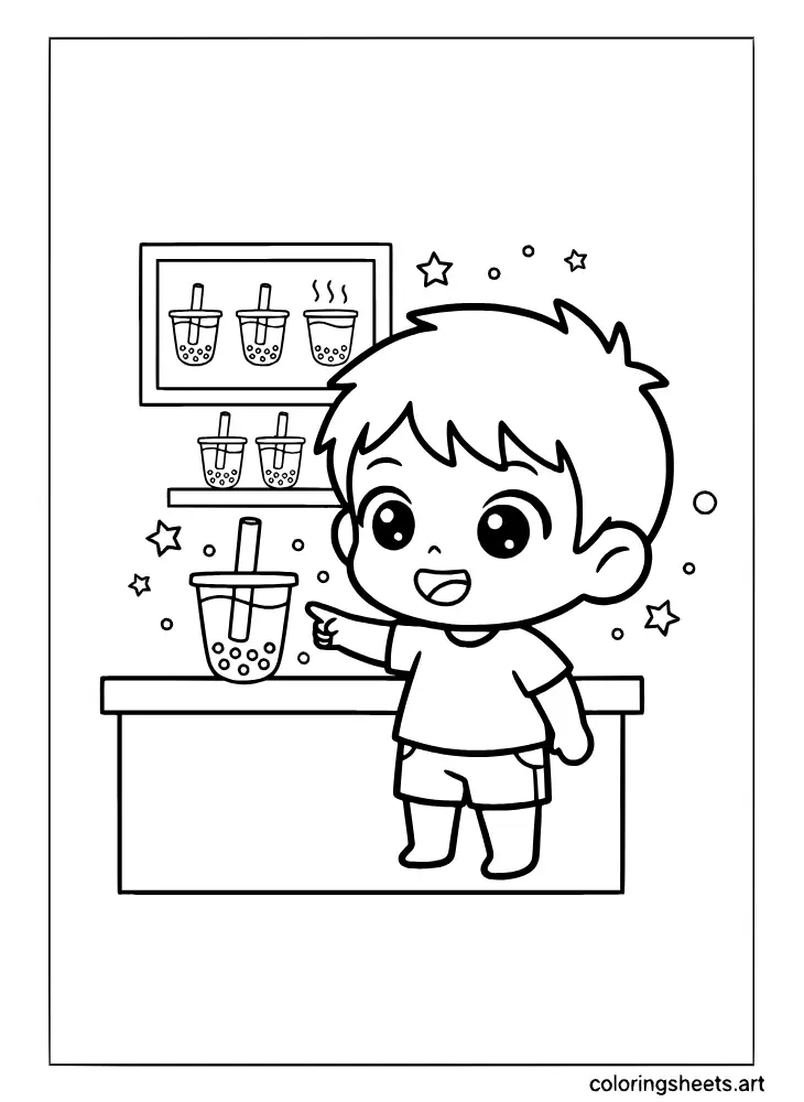 A kid ordering boba at a kawaii cafe counter in this fun coloring page