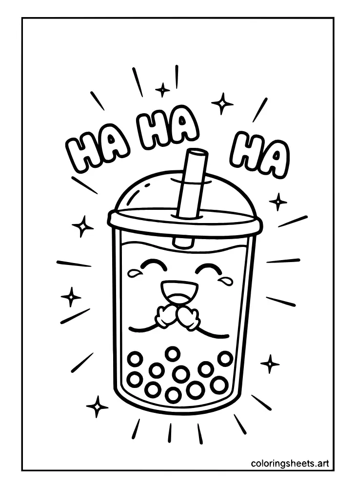 A laughing kawaii boba cup wiping away happy tears in this coloring page