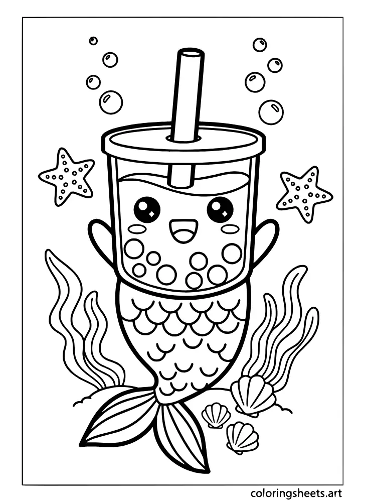 Underwater scene coloring page with a kawaii mermaid boba cup
