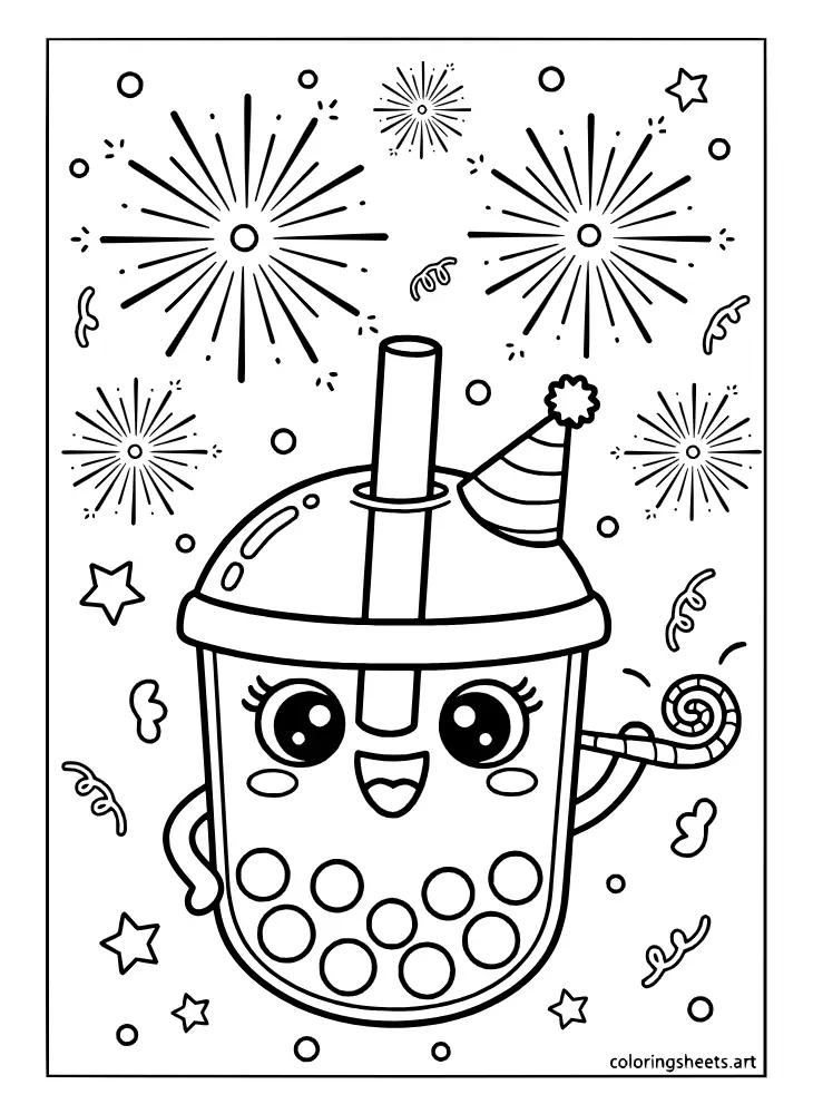 New Year celebration with a kawaii boba cup on this cute coloring page