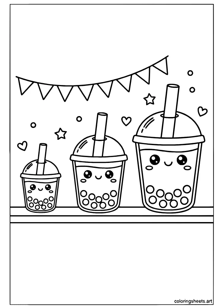 A kawaii boba pickup counter with three cup sizes ready as a coloring page