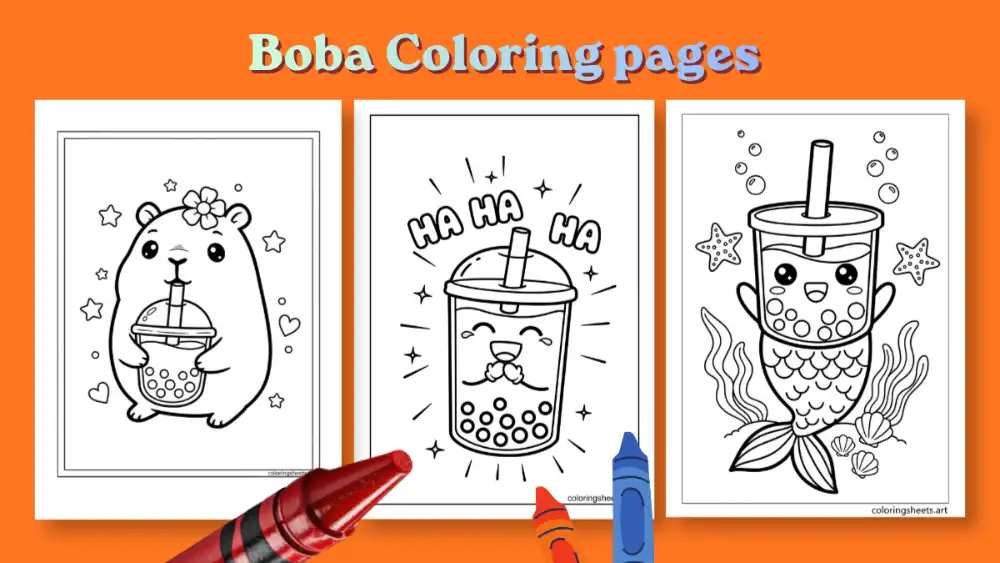 36 free printable boba coloring pages featuring kawaii boba cups, seasonal scenes, fantasy adventures, and cute animals sipping bubble tea