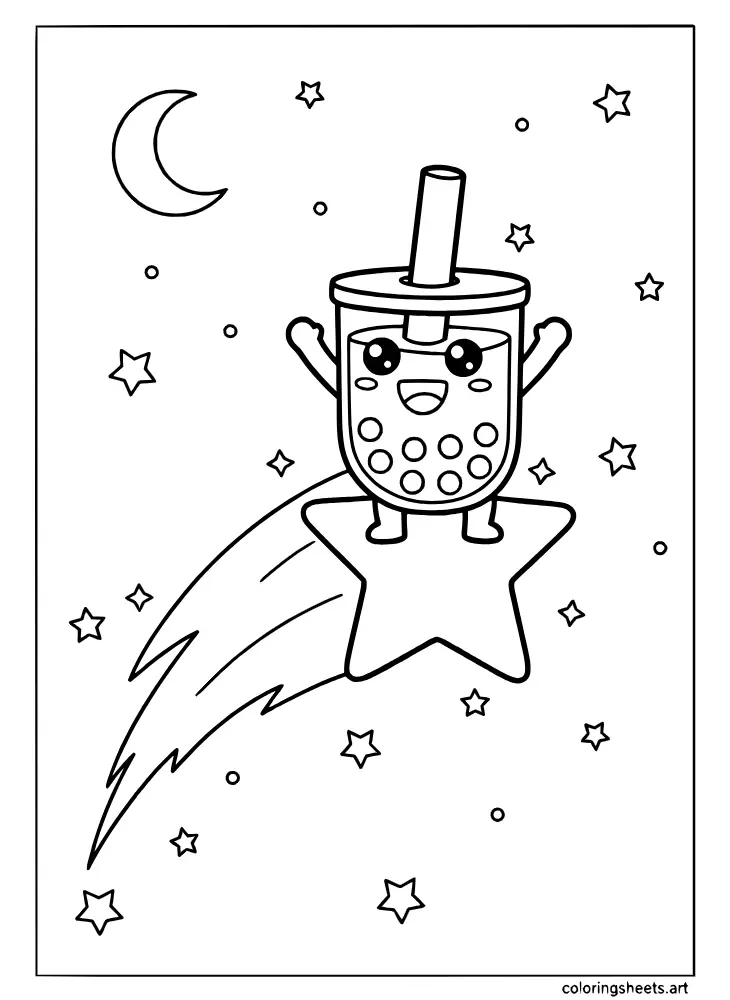 Kawaii boba cup riding a shooting star in this exciting coloring page
