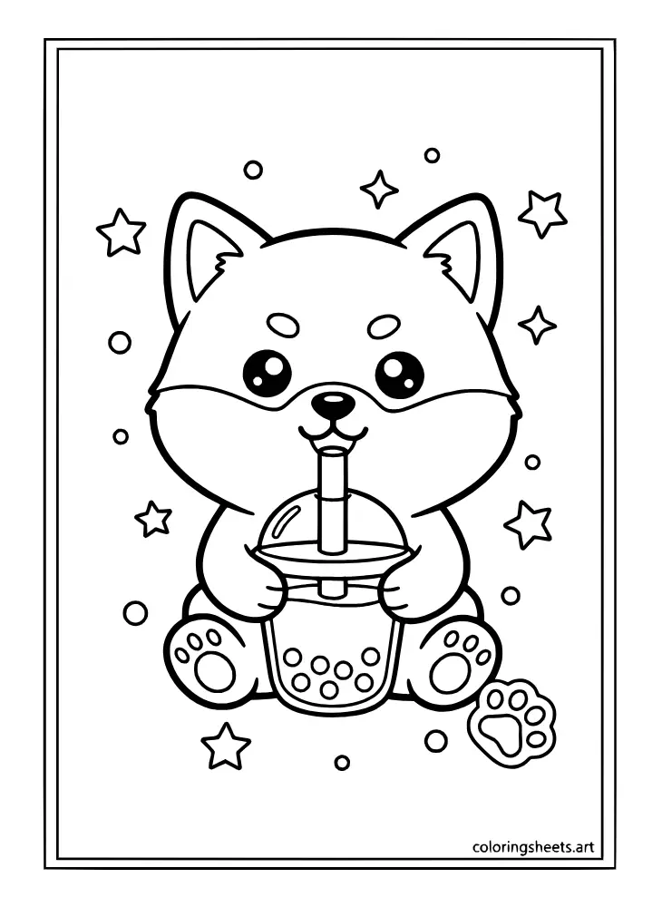 A cute Shiba Inu puppy resting with a boba cup on this coloring page