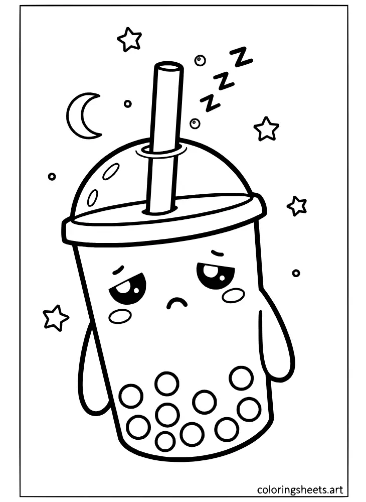 A sleepy kawaii boba cup with ZZZs on a simple coloring page