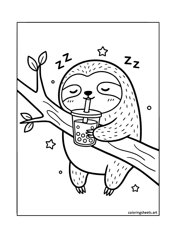 A cute sleepy sloth sipping boba on a branch coloring page