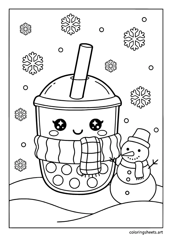 Snowy winter scene coloring page showcasing a kawaii boba cup