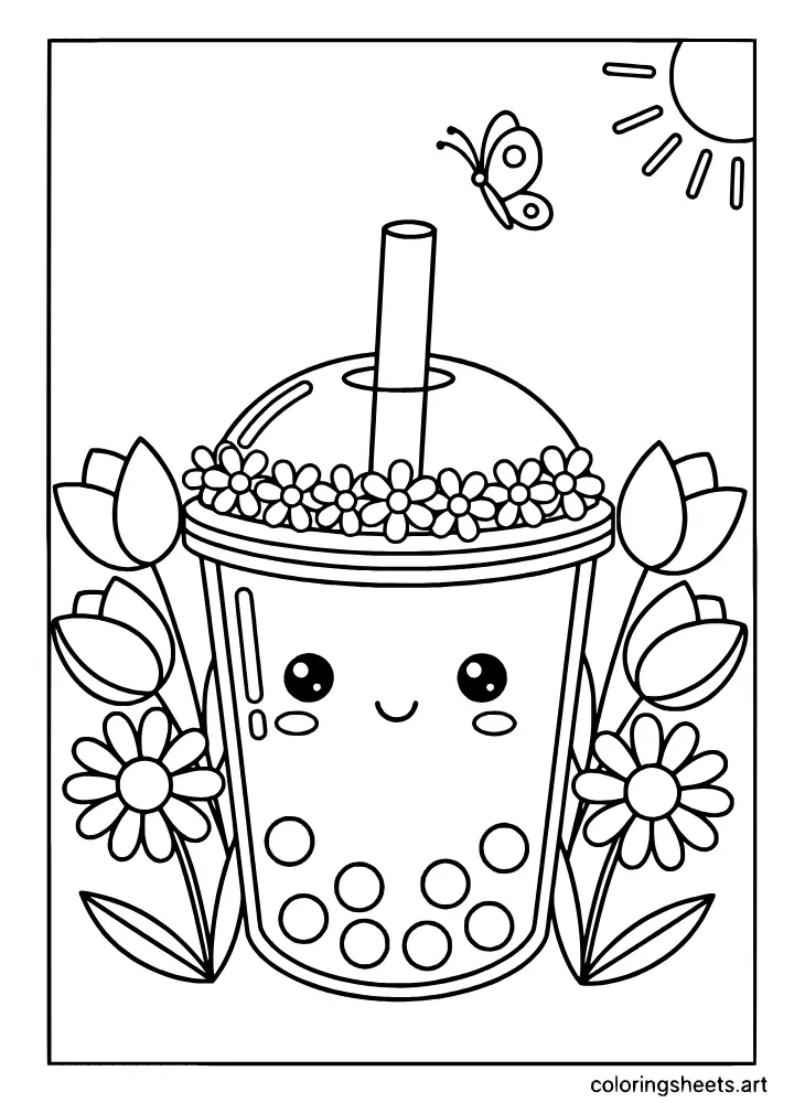 Spring flower garden setting with a kawaii boba cup coloring page
